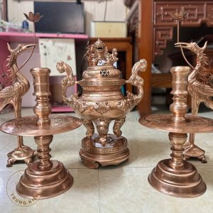 Bộ ngũ sự hạc kỹ cao 52cm đồng đỏ phủ bóng