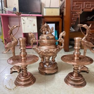Bộ ngũ sự hạc kỹ cao 52cm đồng đỏ phủ bóng
