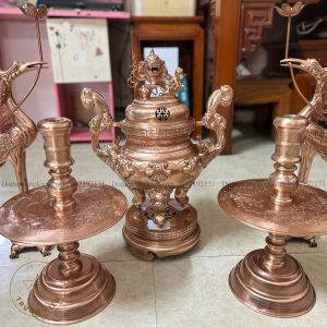 Bộ ngũ sự hạc kỹ cao 52cm đồng đỏ phủ bóng